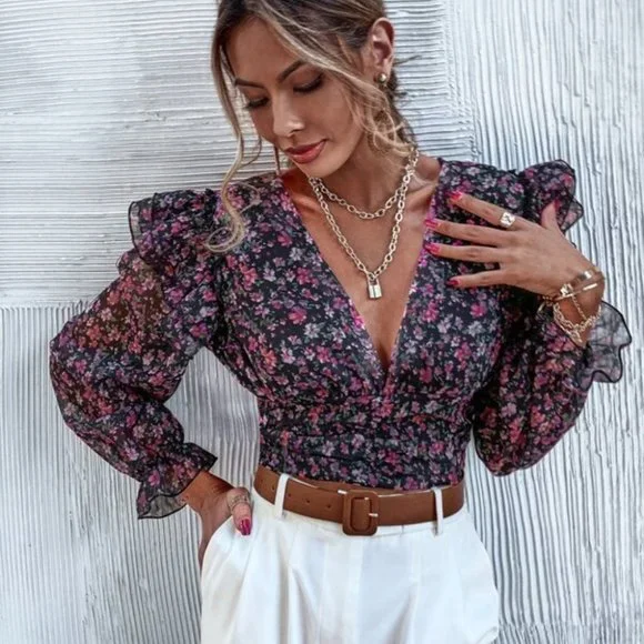 Contemporary floral ruffle detailed blouse top - Picture 5 of 10